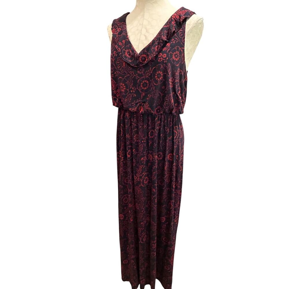 Medium Loft Navy Blue Red Floral V-Neck Tie Back Maxi Dress Soft Knit